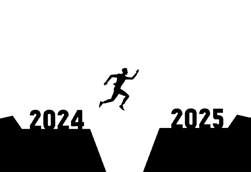 Muž preskakuje roklinu z roku 2024 na rok 2025, symbolizujúc rozvoj a inovácie v IT službách.